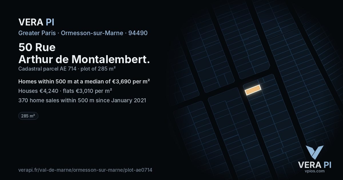 50 Rue Arthur de Montalembert, Ormesson-sur-Marne at night – the plot lit, the parcels around coloured by the prices near them