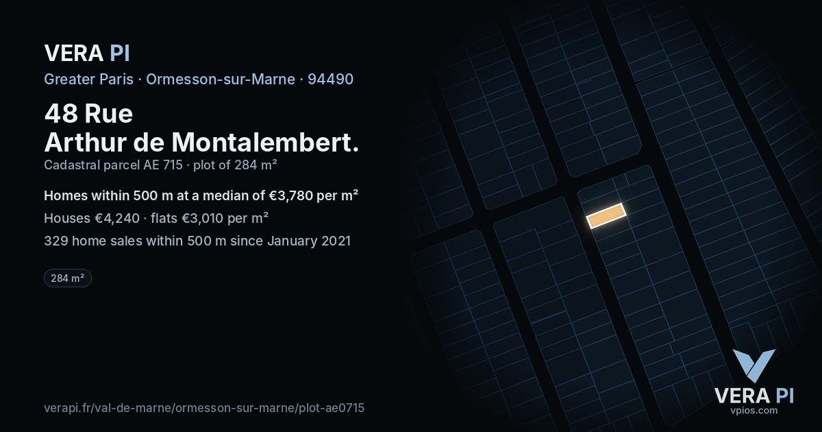 48 Rue Arthur de Montalembert, Ormesson-sur-Marne at night – the plot lit, the parcels around coloured by the prices near them