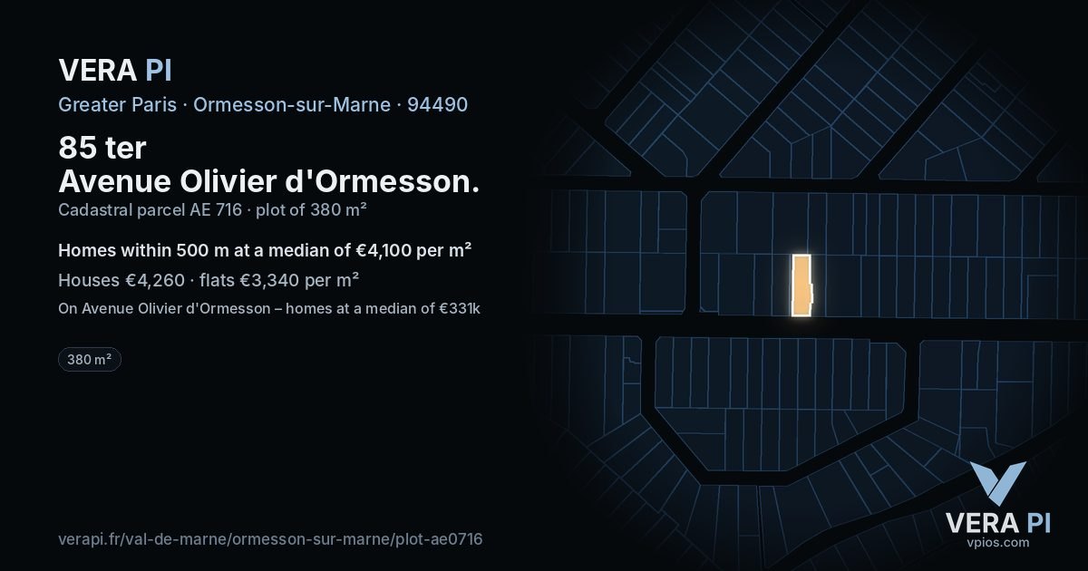 85 ter Avenue Olivier d'Ormesson, Ormesson-sur-Marne at night – the plot lit, the parcels around coloured by the prices near them