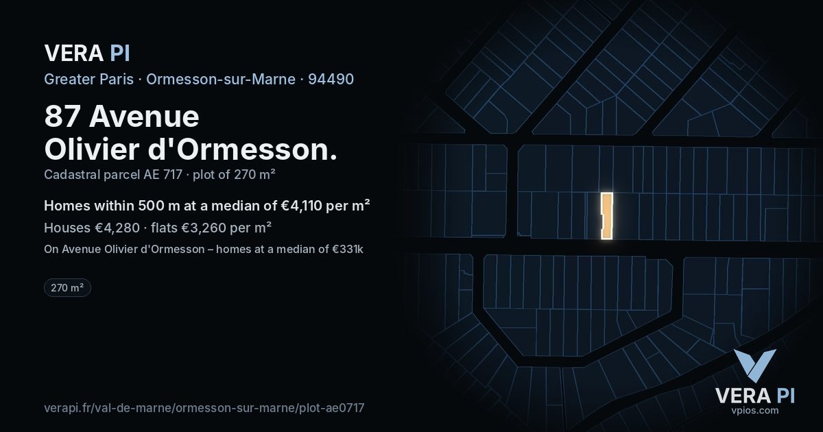 87 Avenue Olivier d'Ormesson, Ormesson-sur-Marne at night – the plot lit, the parcels around coloured by the prices near them