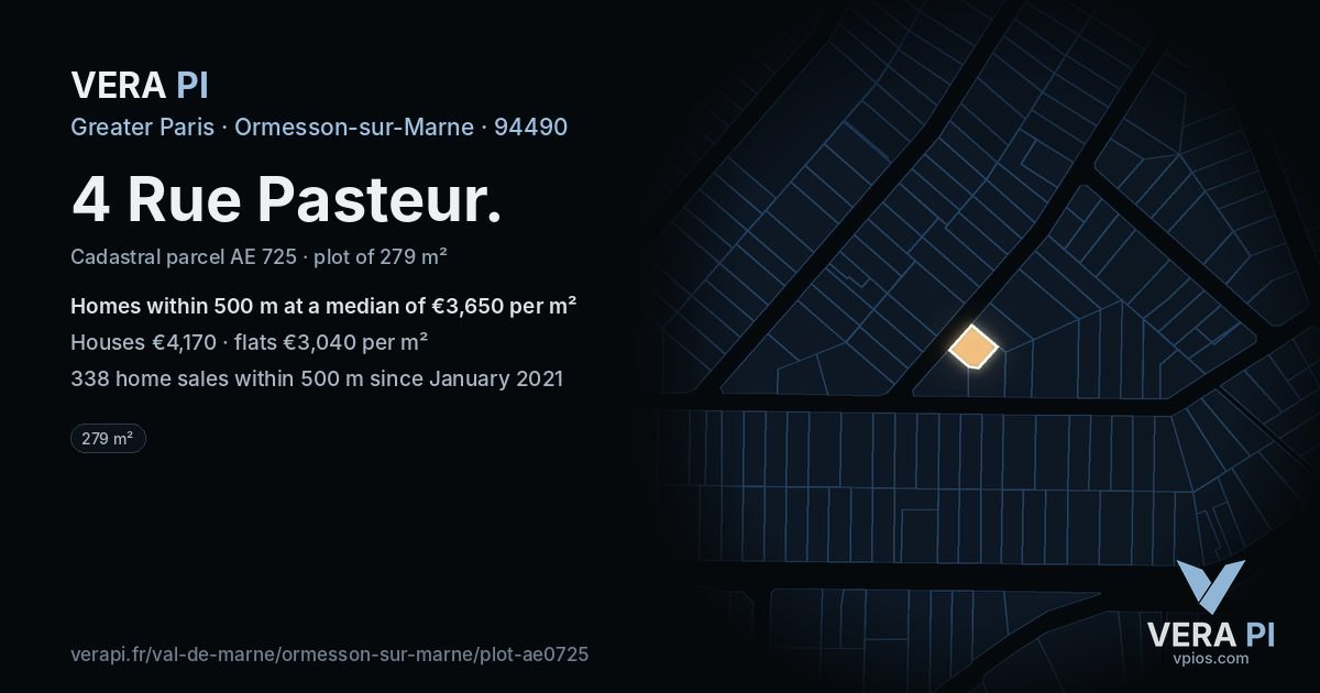 4 Rue Pasteur, Ormesson-sur-Marne at night – the plot lit, the parcels around coloured by the prices near them