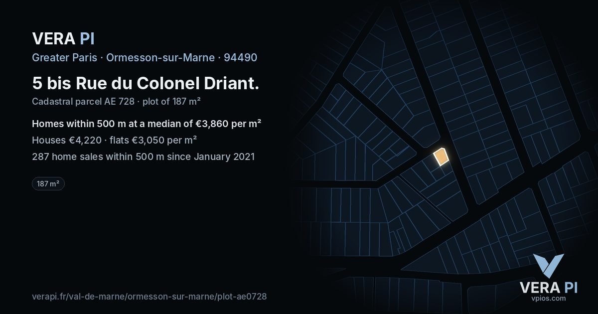 5 bis Rue du Colonel Driant, Ormesson-sur-Marne at night – the plot lit, the parcels around coloured by the prices near them