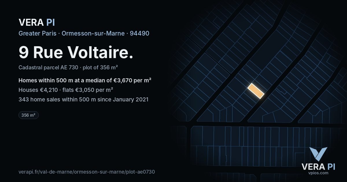 9 Rue Voltaire, Ormesson-sur-Marne at night – the plot lit, the parcels around coloured by the prices near them
