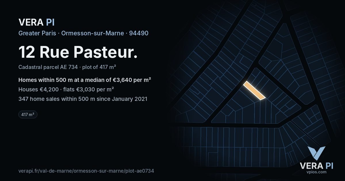 12 Rue Pasteur, Ormesson-sur-Marne at night – the plot lit, the parcels around coloured by the prices near them