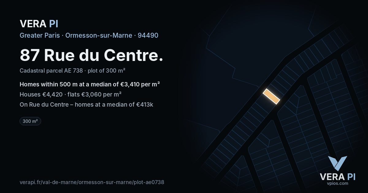 87 Rue du Centre, Ormesson-sur-Marne at night – the plot lit, the parcels around coloured by the prices near them
