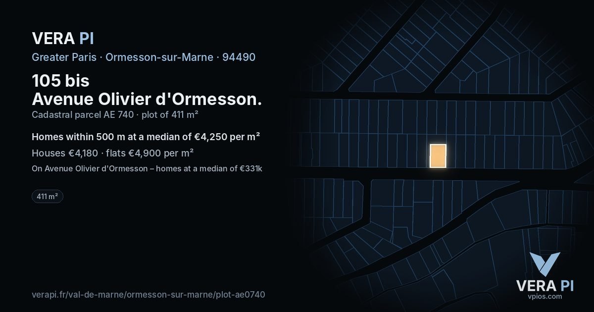 105 bis Avenue Olivier d'Ormesson, Ormesson-sur-Marne at night – the plot lit, the parcels around coloured by the prices near them