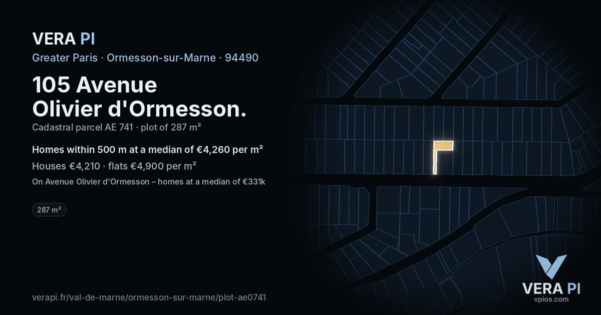 105 Avenue Olivier d'Ormesson, Ormesson-sur-Marne at night – the plot lit, the parcels around coloured by the prices near them