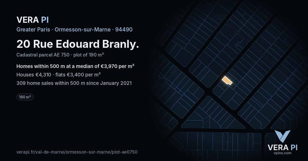 20 Rue Edouard Branly, Ormesson-sur-Marne at night – the plot lit, the parcels around coloured by the prices near them