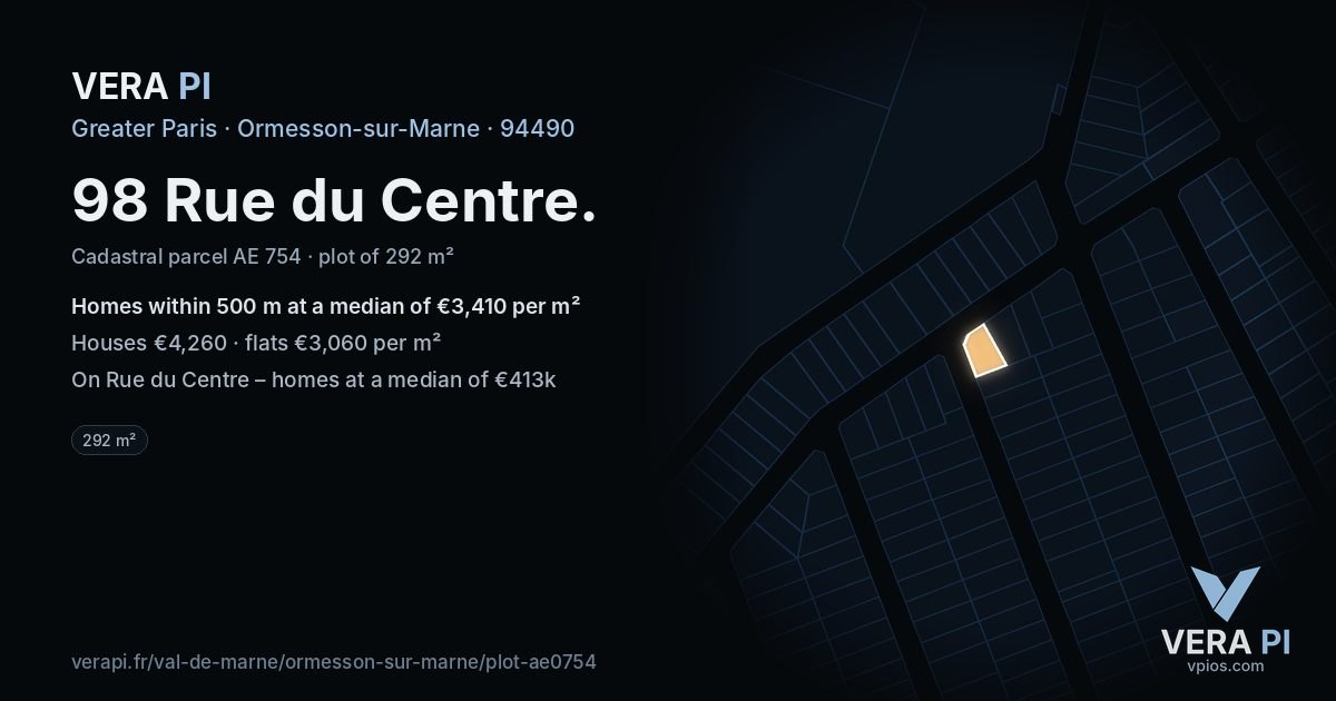 98 Rue du Centre, Ormesson-sur-Marne at night – the plot lit, the parcels around coloured by the prices near them