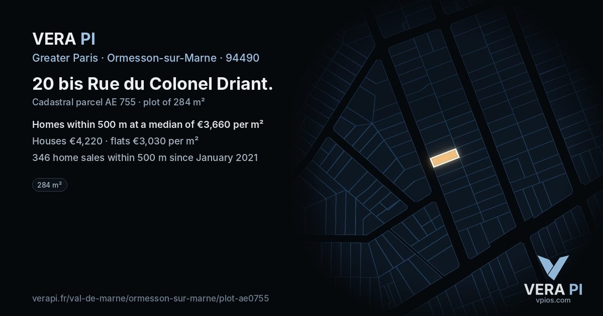 20 bis Rue du Colonel Driant, Ormesson-sur-Marne at night – the plot lit, the parcels around coloured by the prices near them