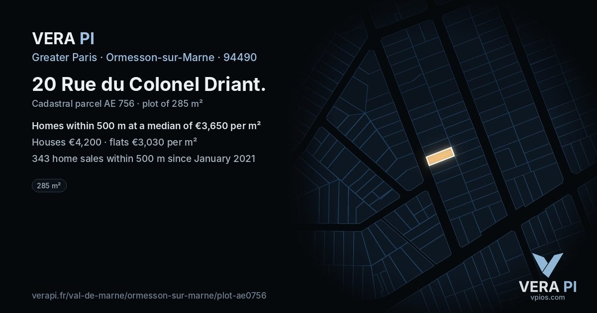 20 Rue du Colonel Driant, Ormesson-sur-Marne at night – the plot lit, the parcels around coloured by the prices near them