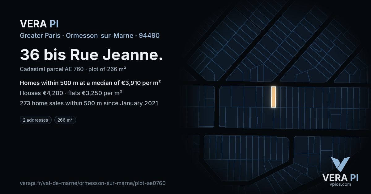 36 bis Rue Jeanne, Ormesson-sur-Marne at night – the plot lit, the parcels around coloured by the prices near them
