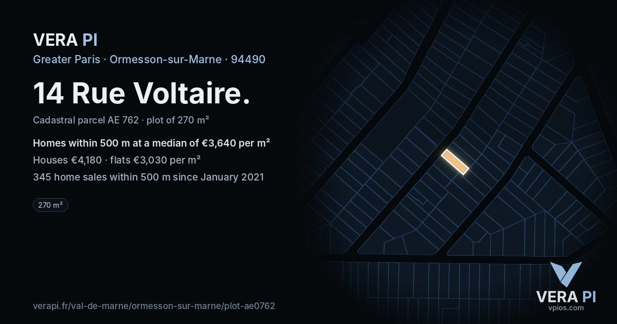 14 Rue Voltaire, Ormesson-sur-Marne at night – the plot lit, the parcels around coloured by the prices near them
