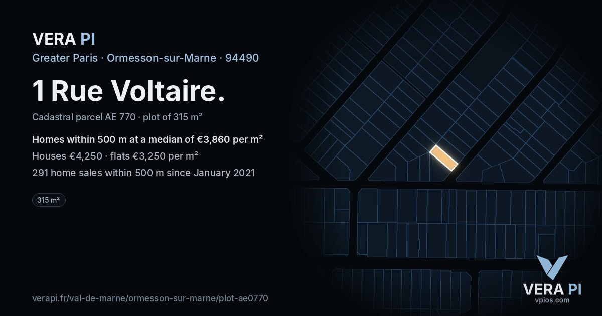 1 Rue Voltaire, Ormesson-sur-Marne at night – the plot lit, the parcels around coloured by the prices near them