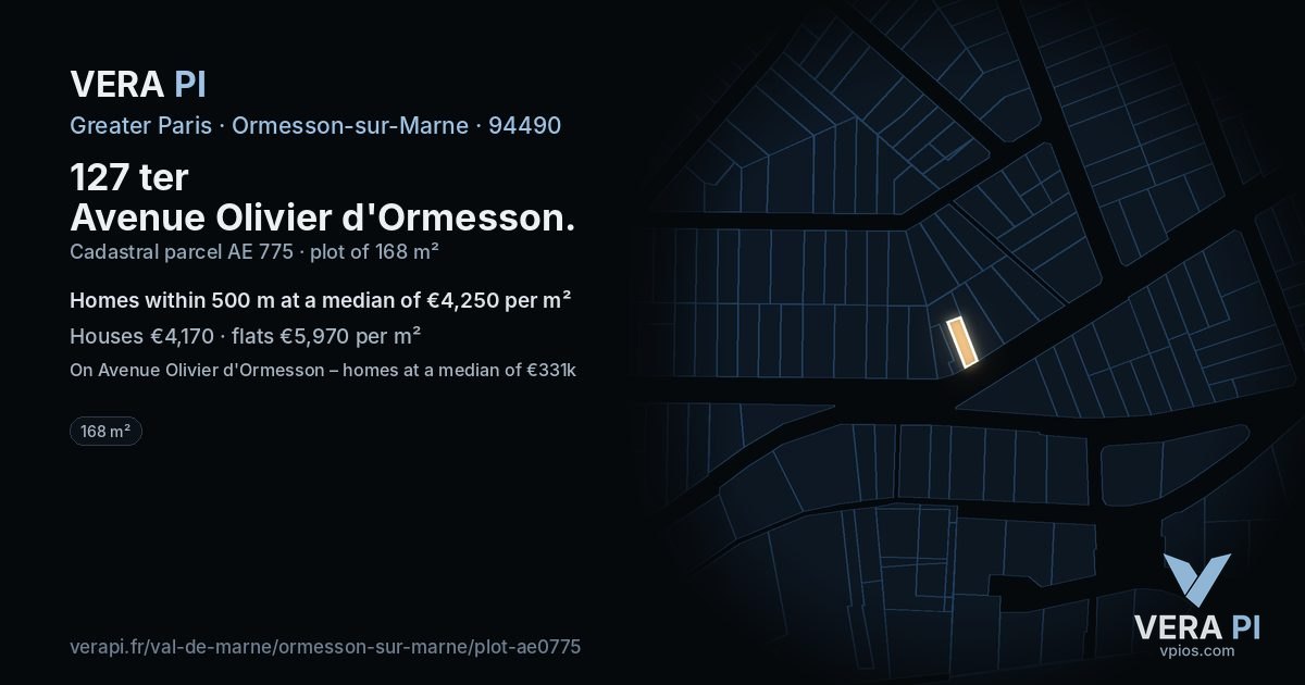 127 ter Avenue Olivier d'Ormesson, Ormesson-sur-Marne at night – the plot lit, the parcels around coloured by the prices near them