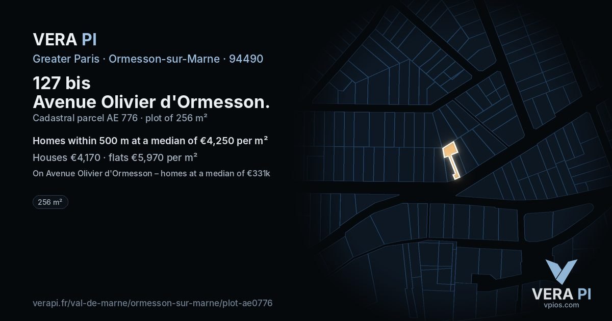 127 bis Avenue Olivier d'Ormesson, Ormesson-sur-Marne at night – the plot lit, the parcels around coloured by the prices near them