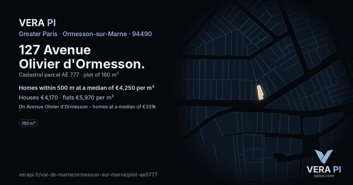 127 Avenue Olivier d'Ormesson, Ormesson-sur-Marne at night – the plot lit, the parcels around coloured by the prices near them