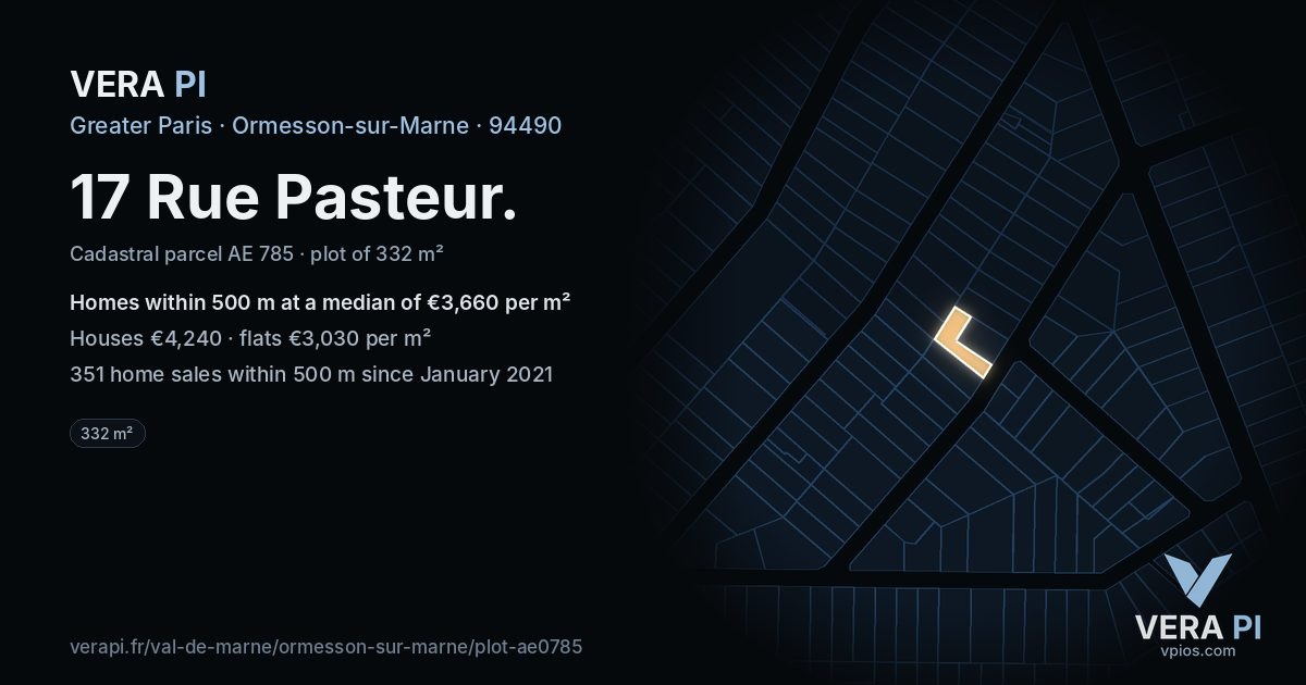 17 Rue Pasteur, Ormesson-sur-Marne at night – the plot lit, the parcels around coloured by the prices near them