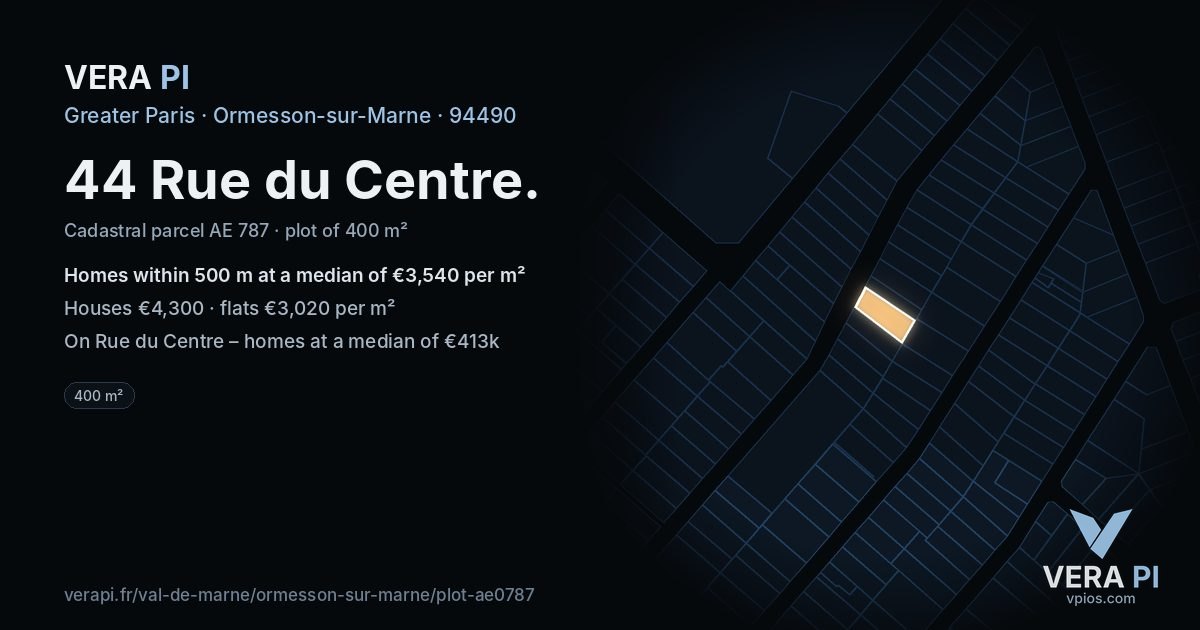 44 Rue du Centre, Ormesson-sur-Marne at night – the plot lit, the parcels around coloured by the prices near them