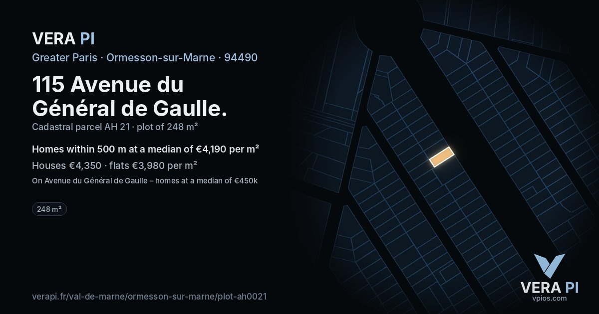 115 Avenue du Général de Gaulle, Ormesson-sur-Marne at night – the plot lit, the parcels around coloured by the prices near them