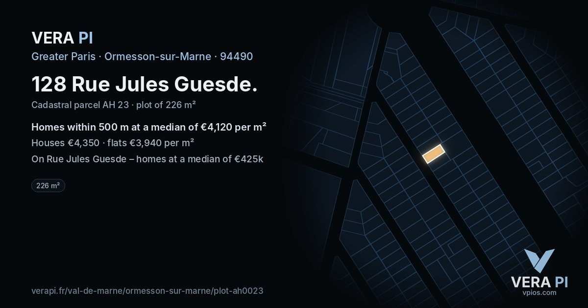 128 Rue Jules Guesde, Ormesson-sur-Marne at night – the plot lit, the parcels around coloured by the prices near them