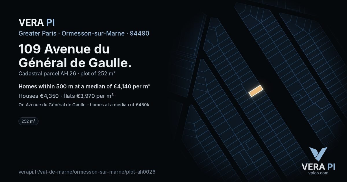 109 Avenue du Général de Gaulle, Ormesson-sur-Marne at night – the plot lit, the parcels around coloured by the prices near them