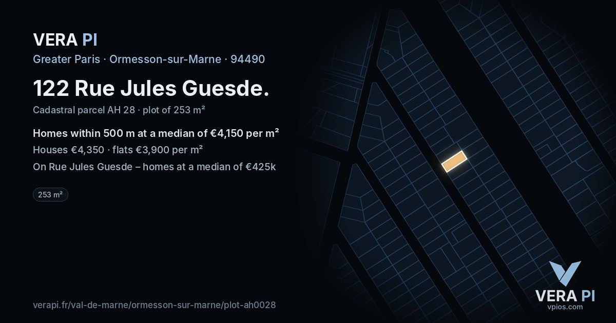 122 Rue Jules Guesde, Ormesson-sur-Marne at night – the plot lit, the parcels around coloured by the prices near them