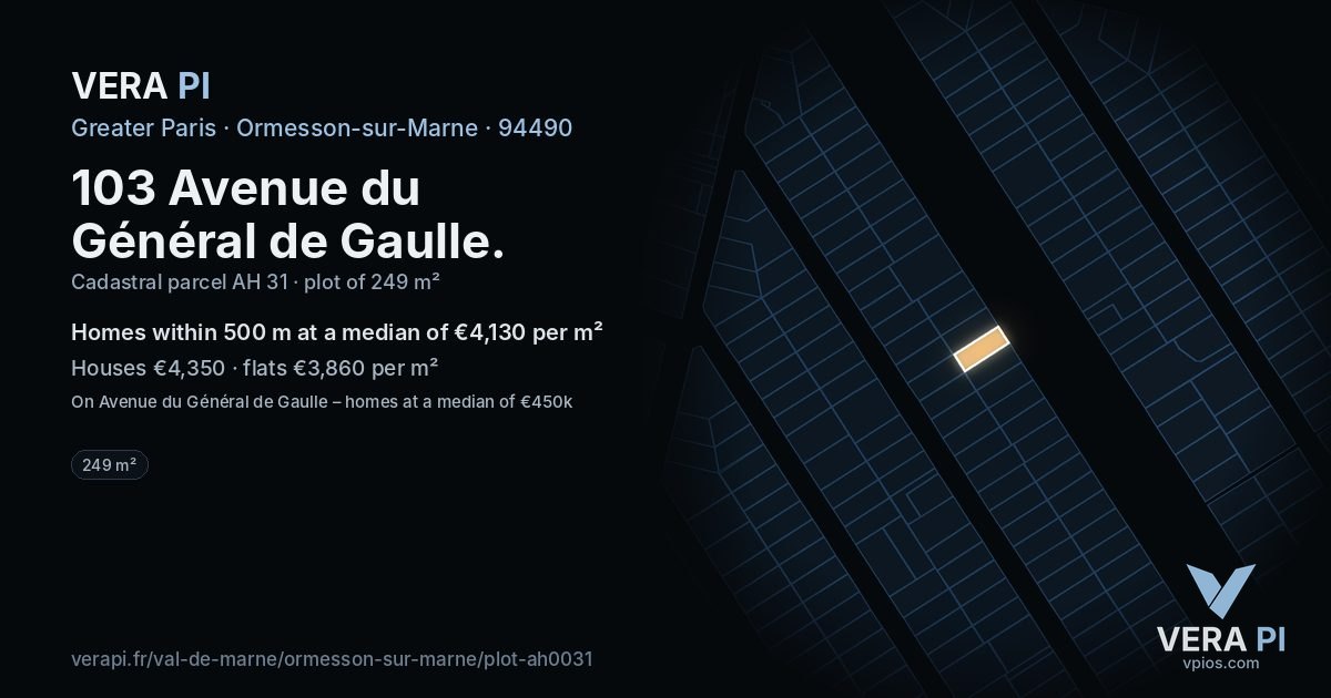 103 Avenue du Général de Gaulle, Ormesson-sur-Marne at night – the plot lit, the parcels around coloured by the prices near them