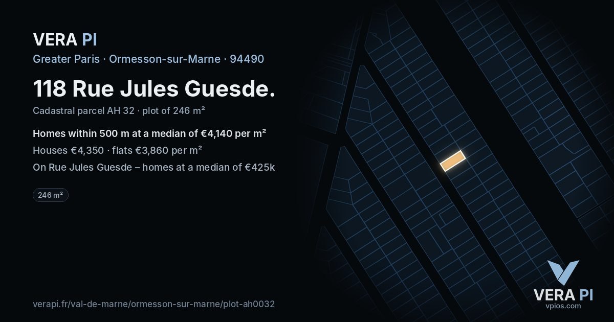 118 Rue Jules Guesde, Ormesson-sur-Marne at night – the plot lit, the parcels around coloured by the prices near them