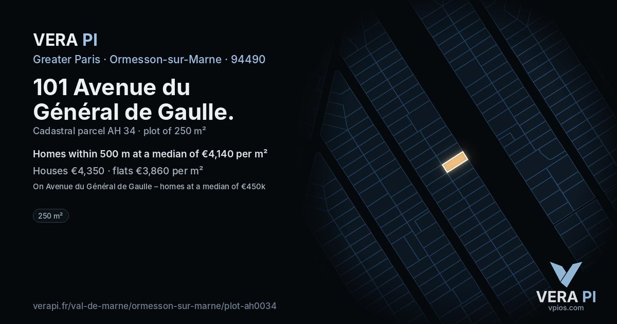 101 Avenue du Général de Gaulle, Ormesson-sur-Marne at night – the plot lit, the parcels around coloured by the prices near them