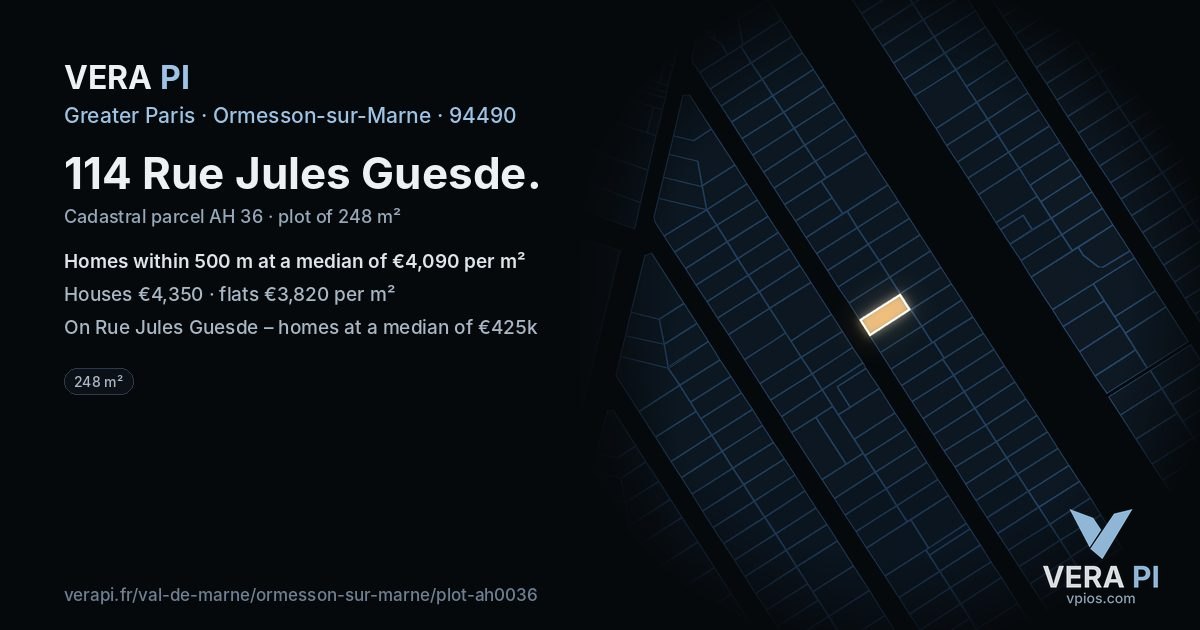 114 Rue Jules Guesde, Ormesson-sur-Marne at night – the plot lit, the parcels around coloured by the prices near them