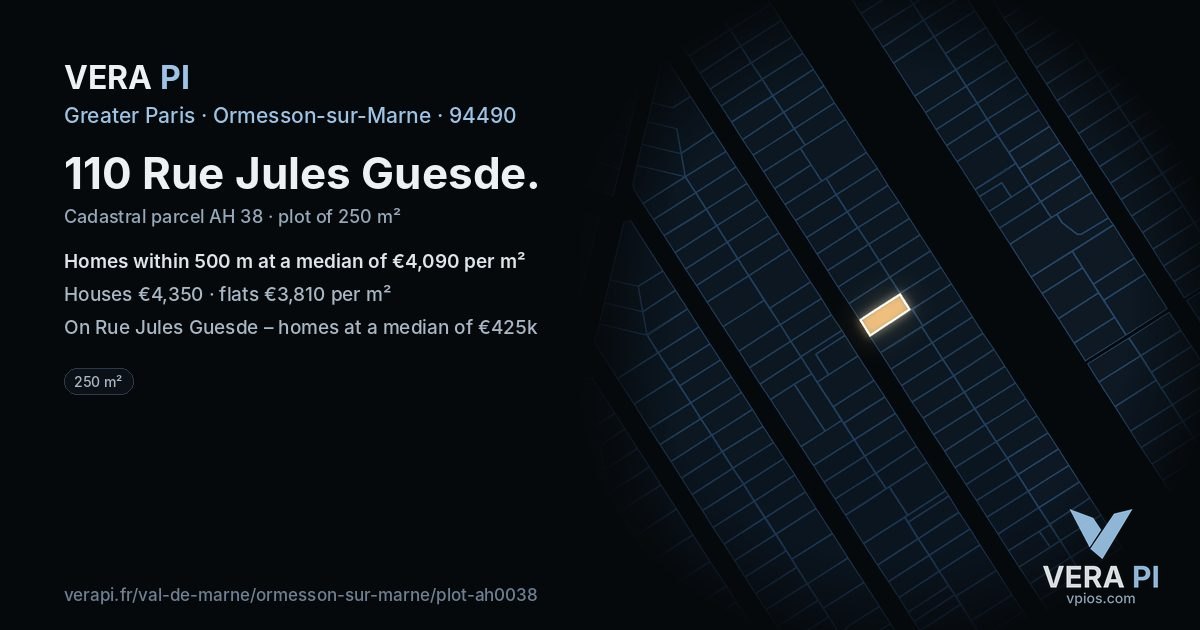 110 Rue Jules Guesde, Ormesson-sur-Marne at night – the plot lit, the parcels around coloured by the prices near them