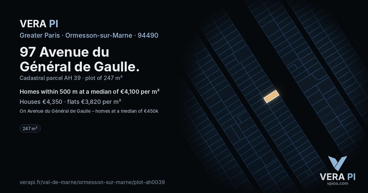 97 Avenue du Général de Gaulle, Ormesson-sur-Marne at night – the plot lit, the parcels around coloured by the prices near them