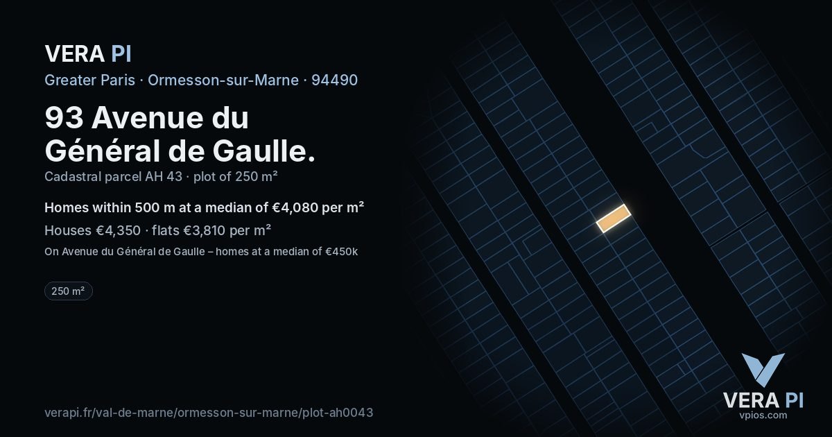 93 Avenue du Général de Gaulle, Ormesson-sur-Marne at night – the plot lit, the parcels around coloured by the prices near them