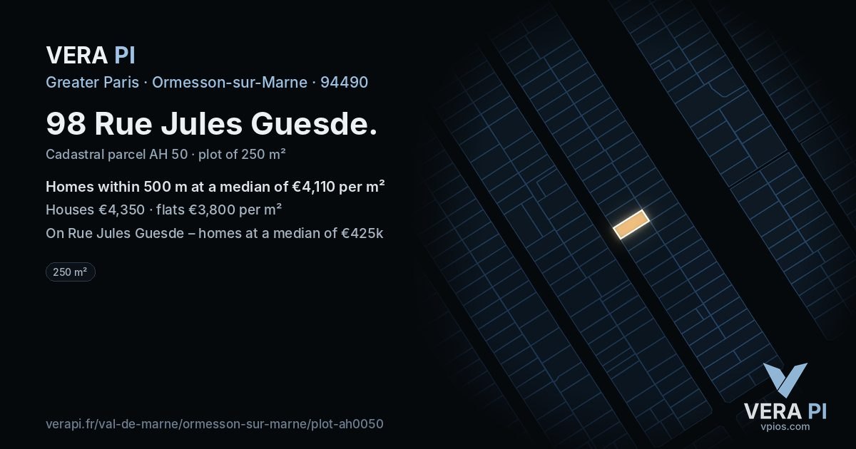 98 Rue Jules Guesde, Ormesson-sur-Marne at night – the plot lit, the parcels around coloured by the prices near them