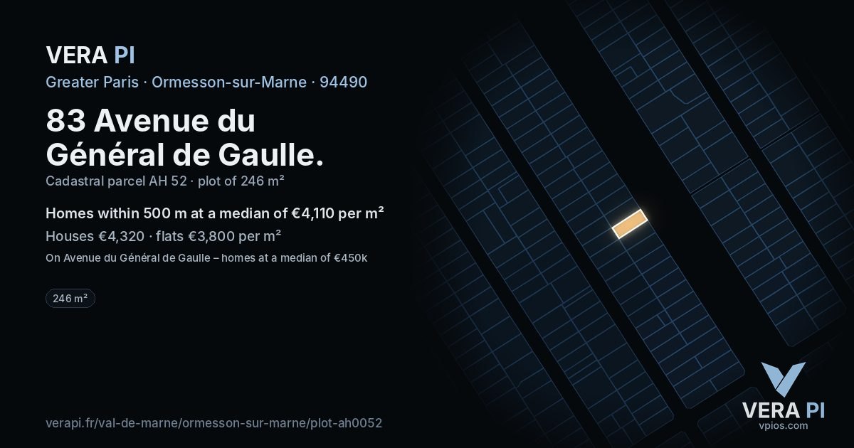 83 Avenue du Général de Gaulle, Ormesson-sur-Marne at night – the plot lit, the parcels around coloured by the prices near them