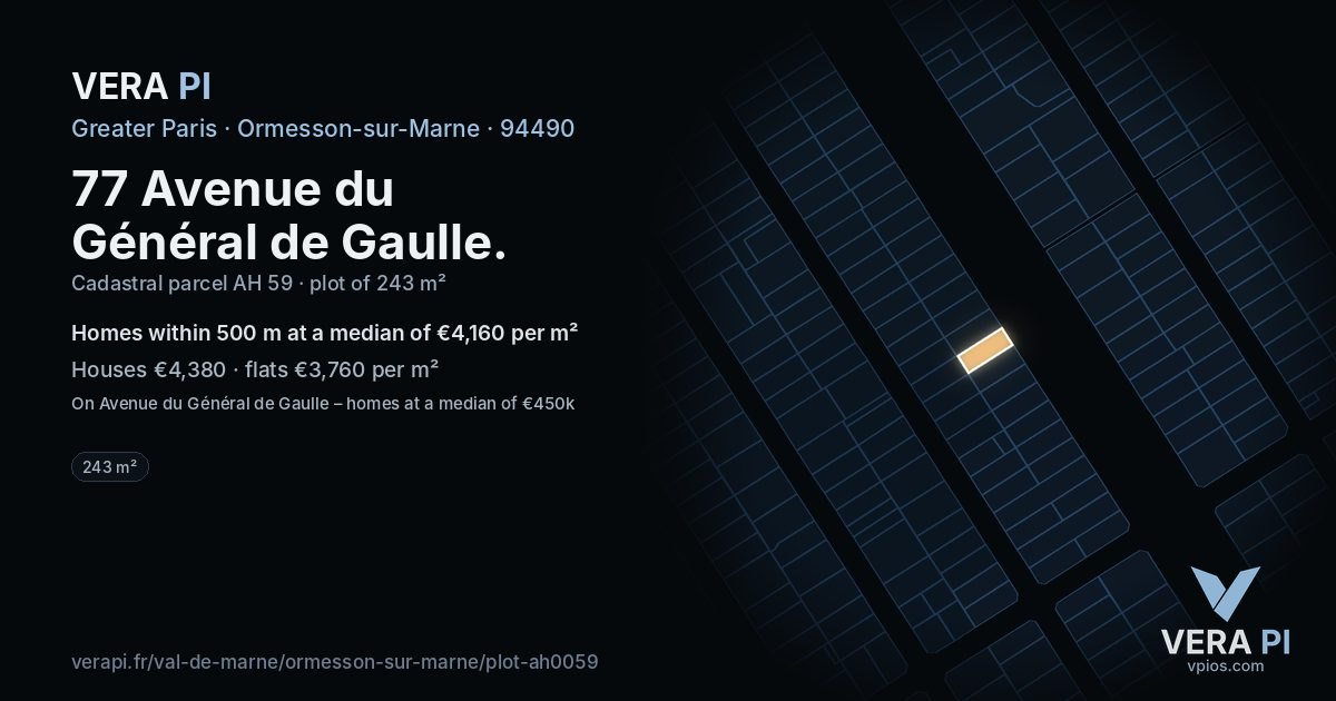 77 Avenue du Général de Gaulle, Ormesson-sur-Marne at night – the plot lit, the parcels around coloured by the prices near them