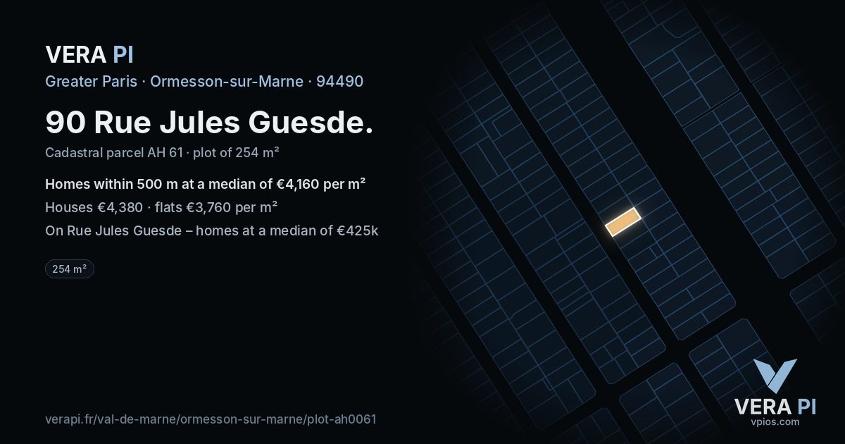 90 Rue Jules Guesde, Ormesson-sur-Marne at night – the plot lit, the parcels around coloured by the prices near them