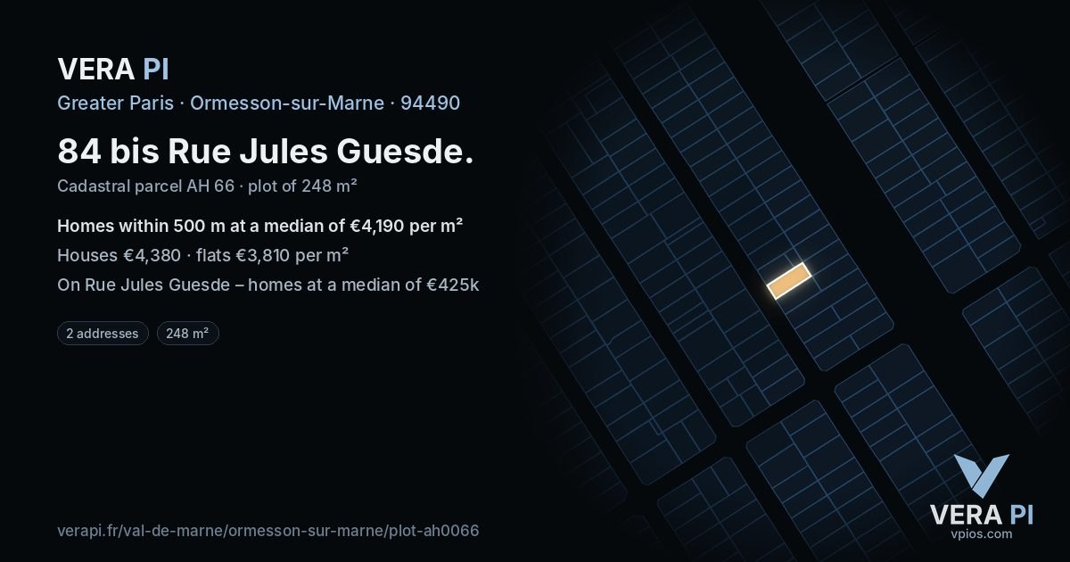 84 bis Rue Jules Guesde, Ormesson-sur-Marne at night – the plot lit, the parcels around coloured by the prices near them