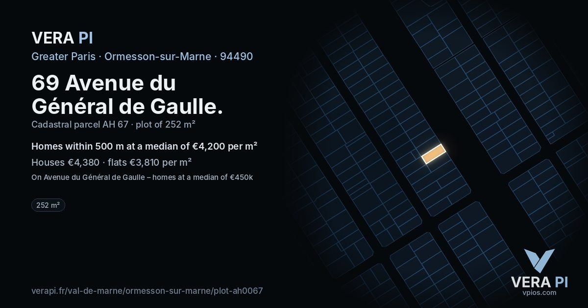 69 Avenue du Général de Gaulle, Ormesson-sur-Marne at night – the plot lit, the parcels around coloured by the prices near them