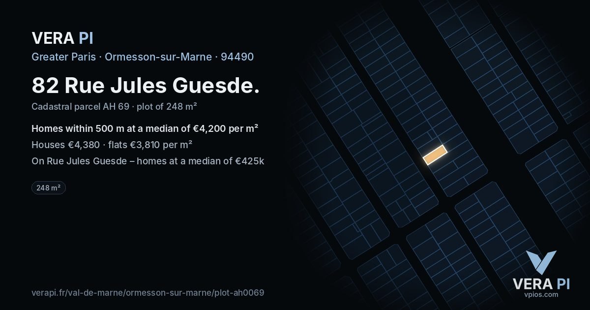 82 Rue Jules Guesde, Ormesson-sur-Marne at night – the plot lit, the parcels around coloured by the prices near them