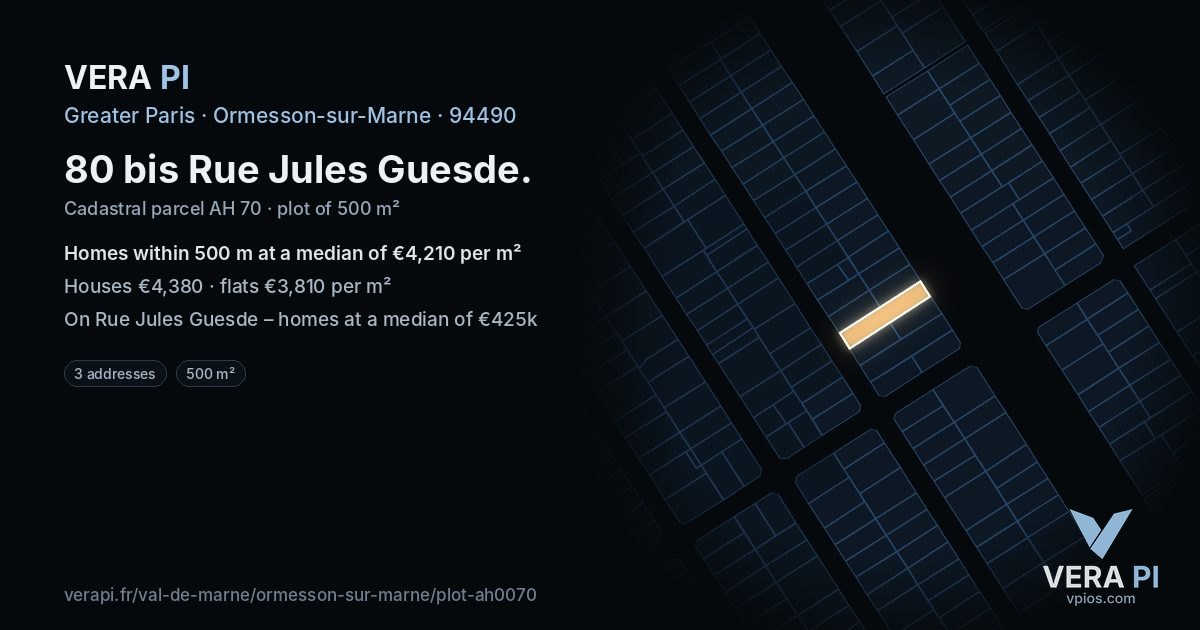 80 bis Rue Jules Guesde, Ormesson-sur-Marne at night – the plot lit, the parcels around coloured by the prices near them