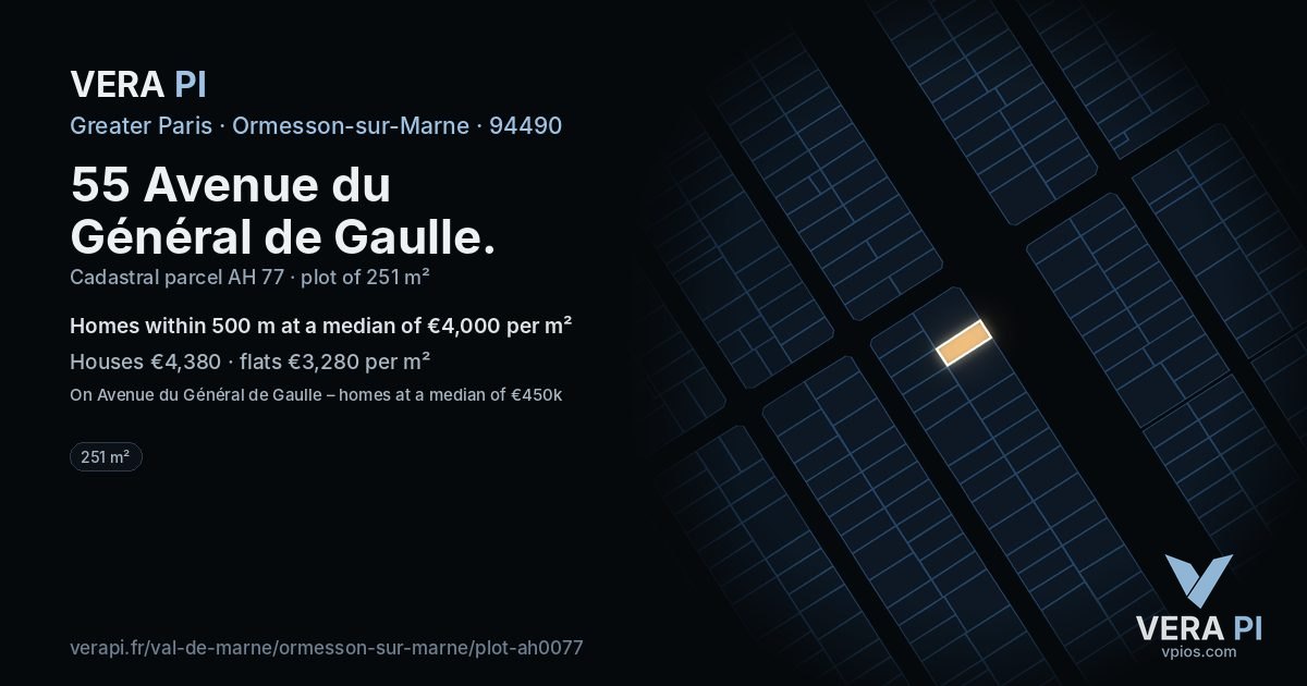 55 Avenue du Général de Gaulle, Ormesson-sur-Marne at night – the plot lit, the parcels around coloured by the prices near them