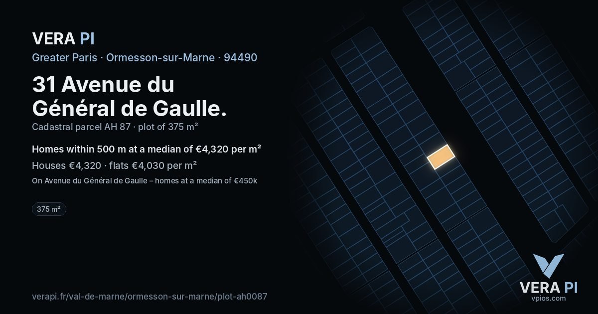 31 Avenue du Général de Gaulle, Ormesson-sur-Marne at night – the plot lit, the parcels around coloured by the prices near them