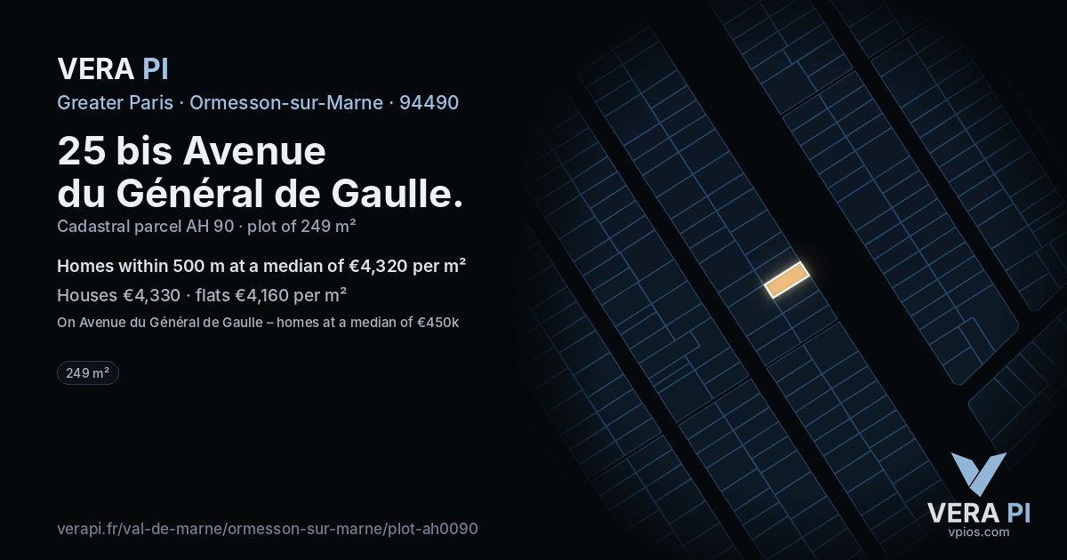 25 bis Avenue du Général de Gaulle, Ormesson-sur-Marne at night – the plot lit, the parcels around coloured by the prices near them