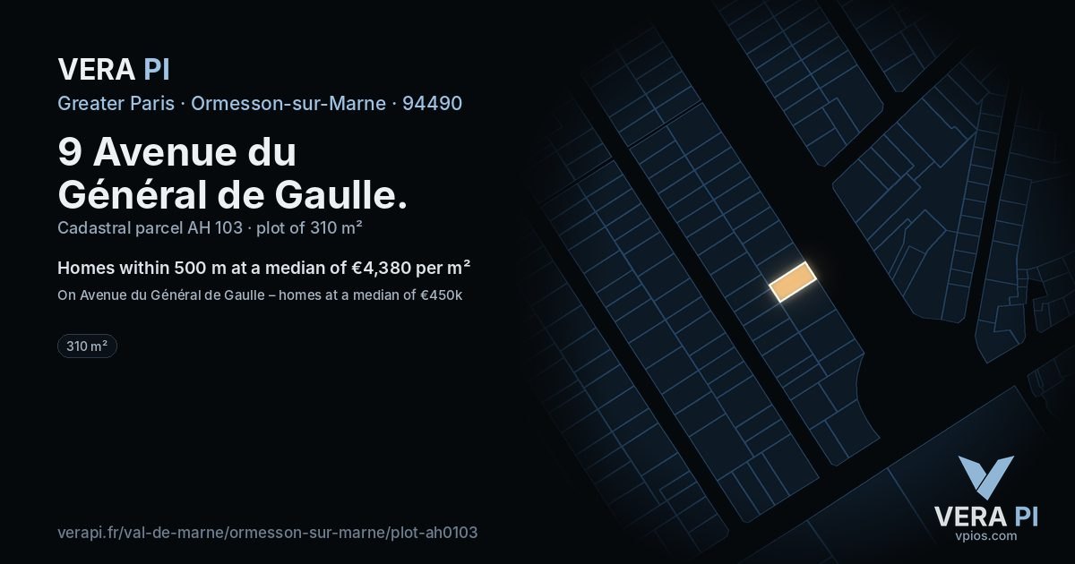 9 Avenue du Général de Gaulle, Ormesson-sur-Marne at night – the plot lit, the parcels around coloured by the prices near them