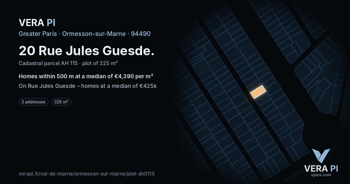 20 Rue Jules Guesde, Ormesson-sur-Marne at night – the plot lit, the parcels around coloured by the prices near them