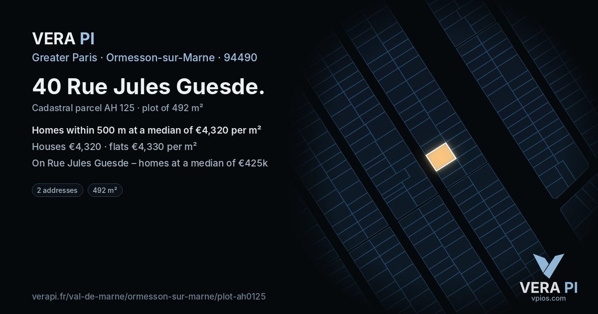 40 Rue Jules Guesde, Ormesson-sur-Marne at night – the plot lit, the parcels around coloured by the prices near them
