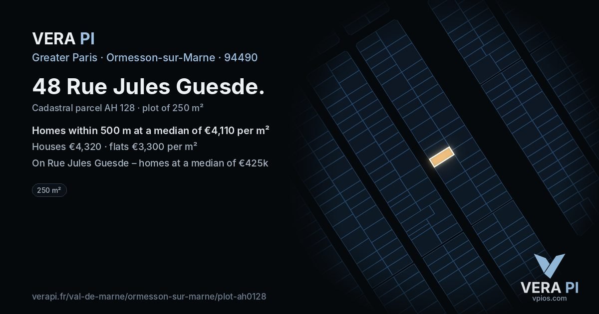 48 Rue Jules Guesde, Ormesson-sur-Marne at night – the plot lit, the parcels around coloured by the prices near them
