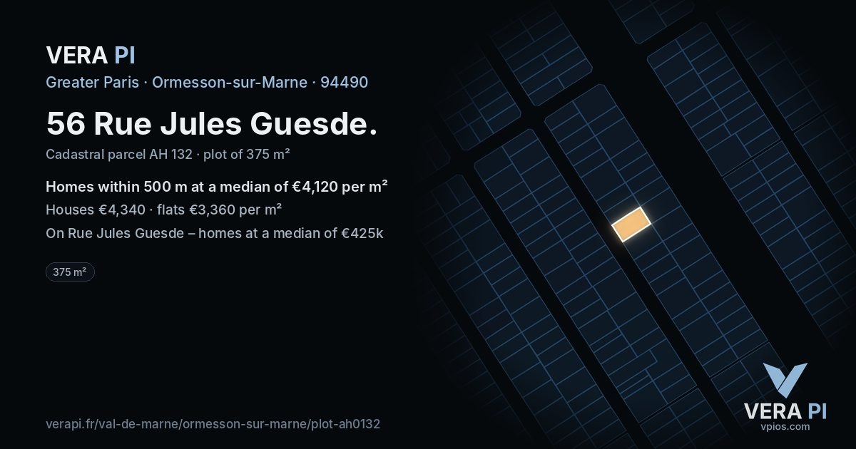56 Rue Jules Guesde, Ormesson-sur-Marne at night – the plot lit, the parcels around coloured by the prices near them